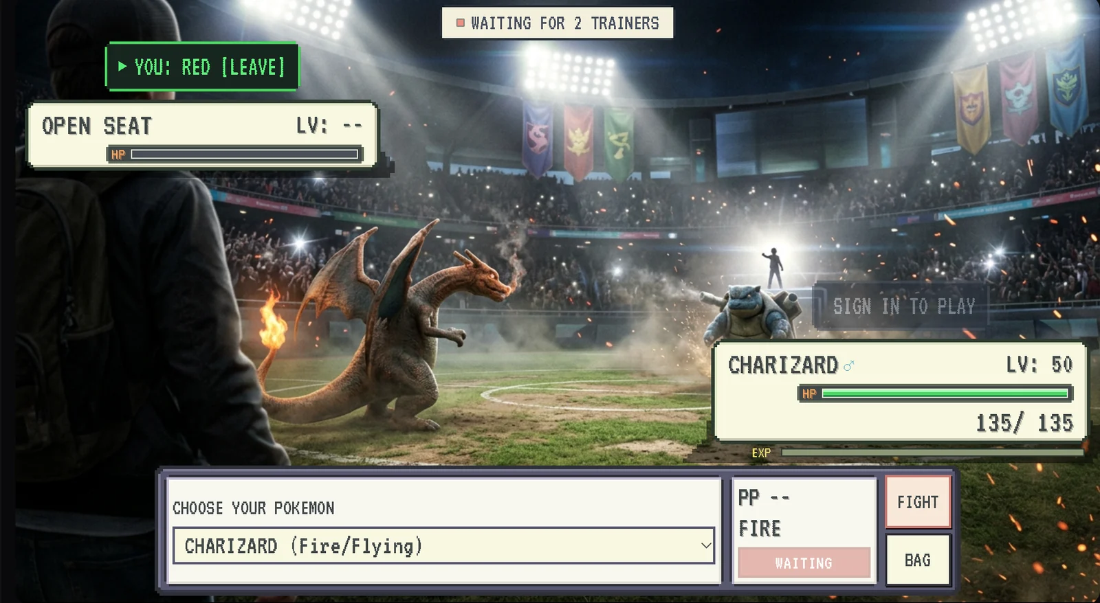 Pokémon Stadium interface showing trainer seats, health and battle controls